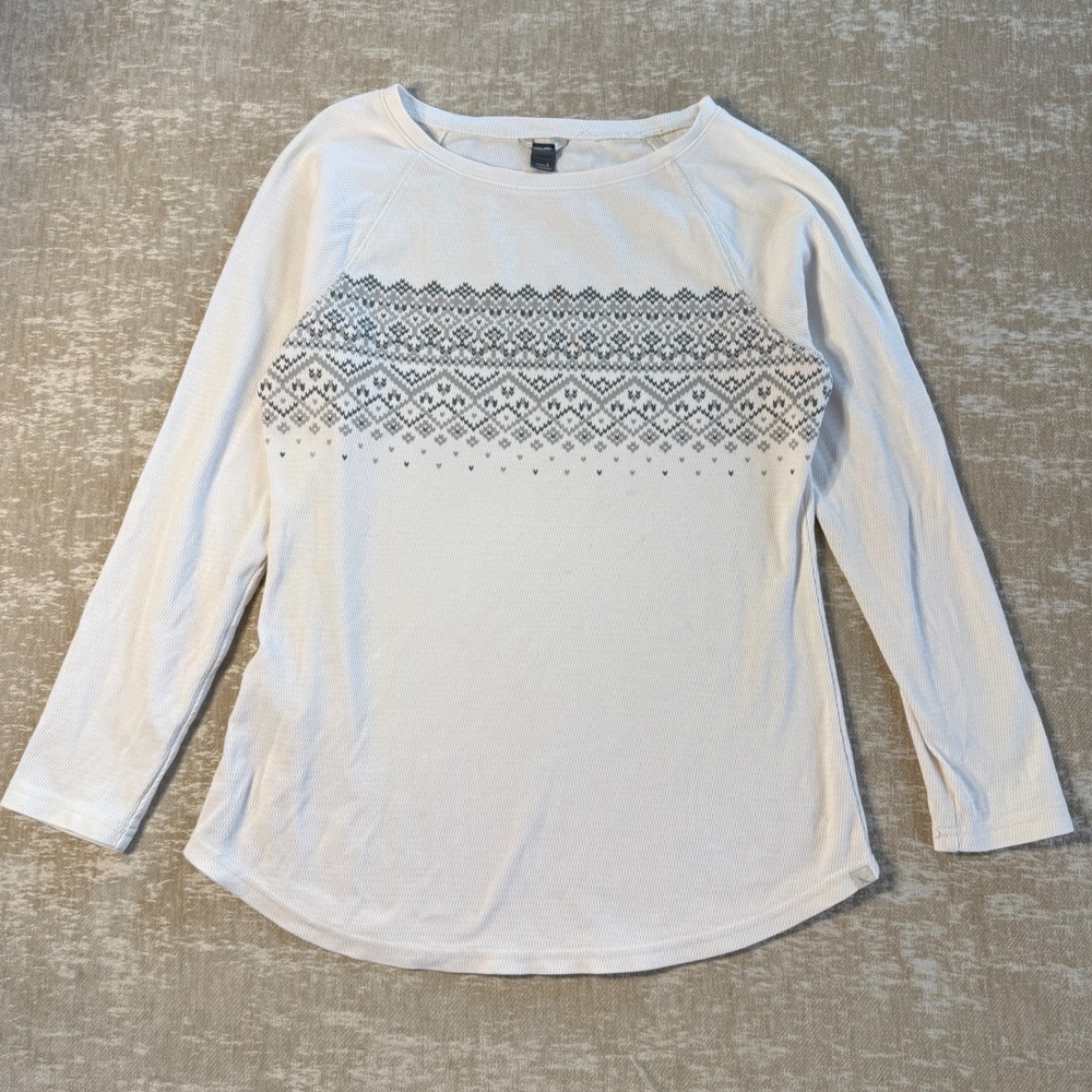 Eddie Bauer Womens Thermal Top White Fair Isle Waffle Knit Long Sleeve Ski Layer
